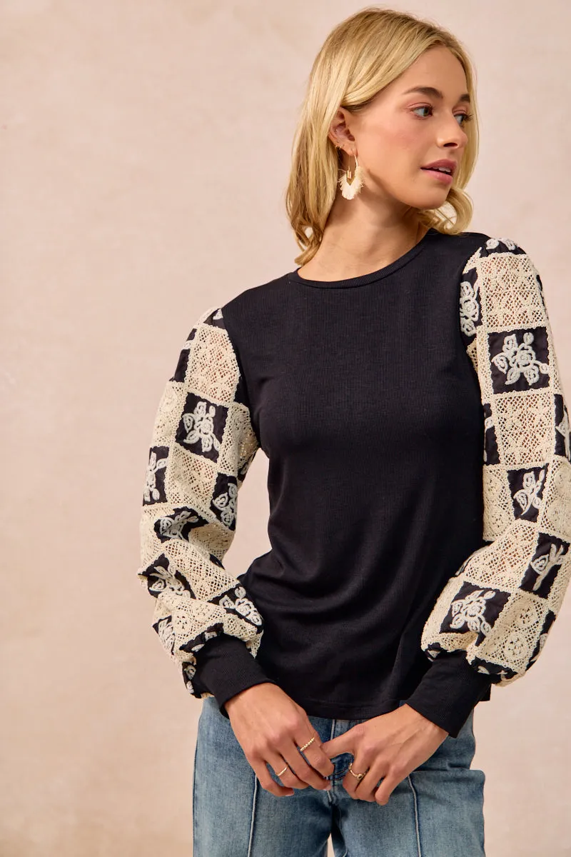 MoistureManagementSystem IP6193S-06 | FLOWER CROCHET BALLOON SLEEVES TOP