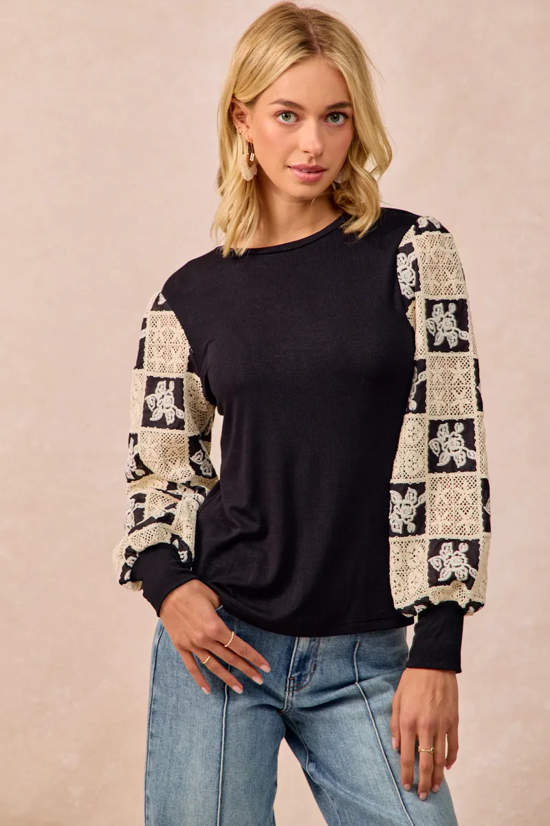 Minimalist Collar NoRoll Hem Technology IP6193S-06 | FLOWER CROCHET BALLOON SLEEVES TOP