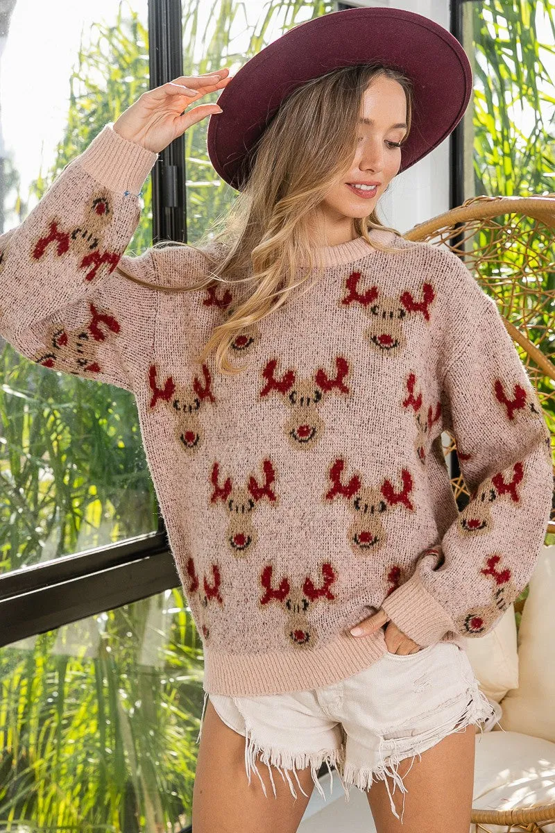 IP6406J-02 | RUDOLPH PATTERN CHRISTMAS KNIT PULLOVER High Waist