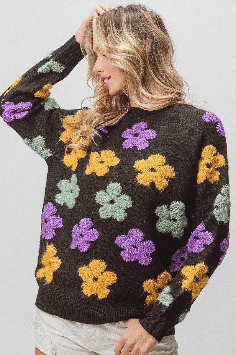 Understated Elegance Fold-Over-Detail IP6448-04 | MULTI COLOR FLOWER EMBROIDERY KNIT PULLOVER
