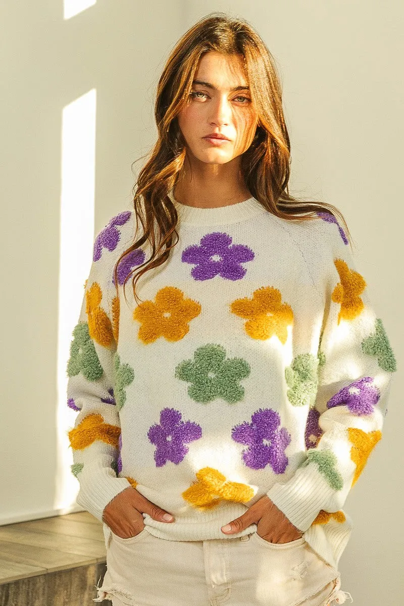 Quick-Dry Material QuickReleaseFastenings IP6448-04 | MULTI COLOR FLOWER EMBROIDERY KNIT PULLOVER