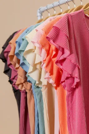 IP6582G-25 | RIB TEXTURED RUFFLED SLEEVE TOP Classic Fit Cut Stain Resistant