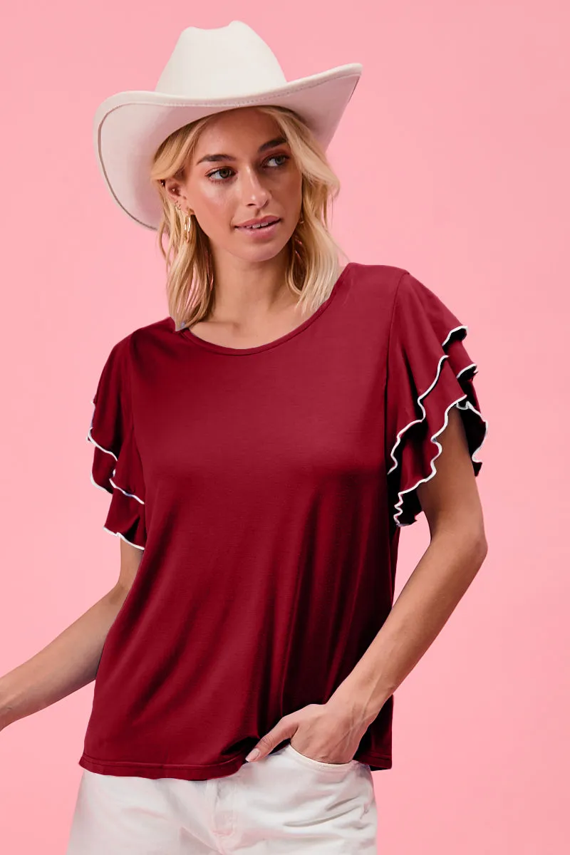 Cheap Nice Anti Slip Cuffs IP6582G-33 | MODAL TOUCH RAYON SPANDEX LAYERED RUFFLE SLEEVES TOP