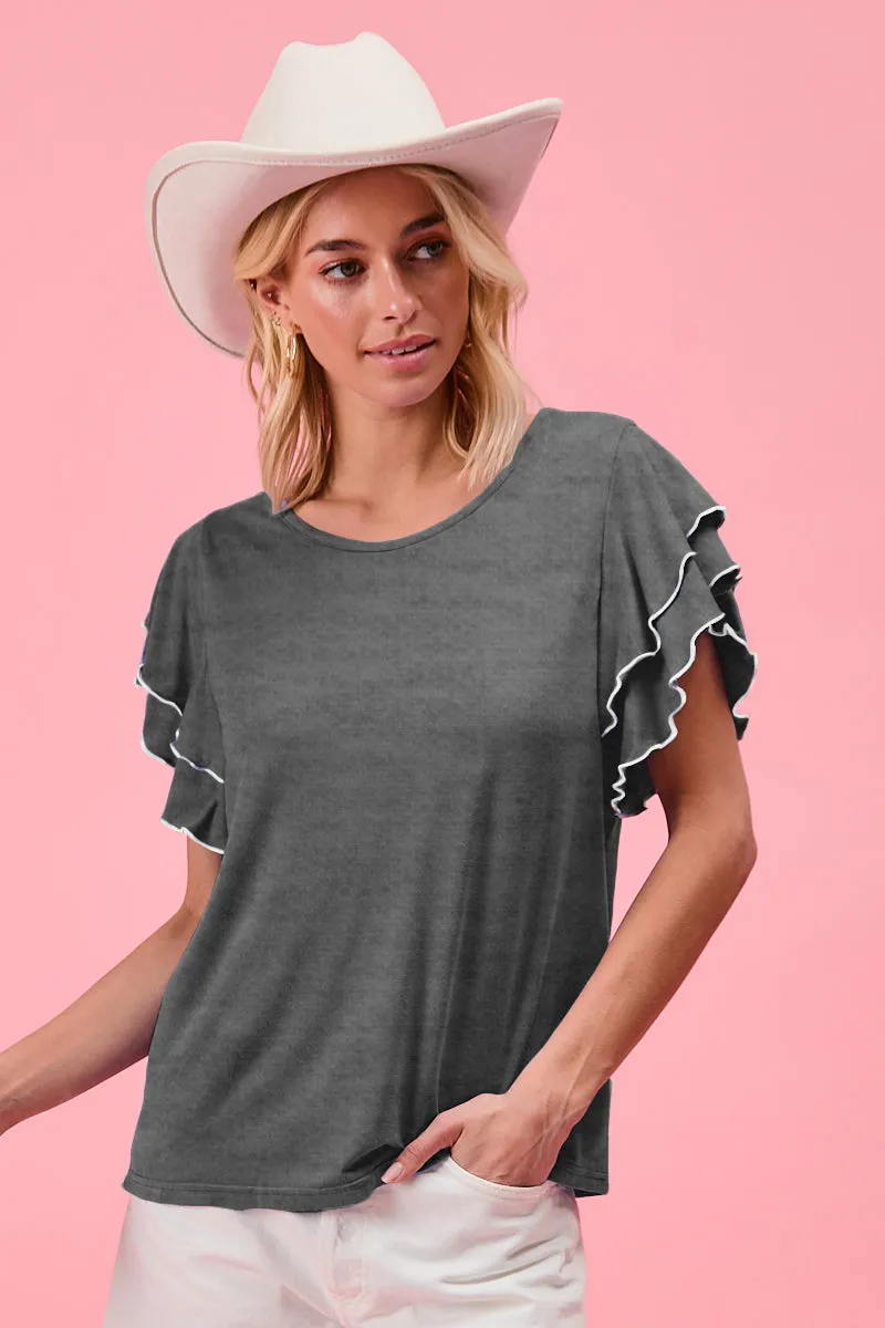 LowProfileStitching Flexible Fit Engineering IP6582G-33 | MODAL TOUCH RAYON SPANDEX LAYERED RUFFLE SLEEVES TOP