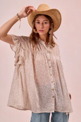 ReflectiveTrimDetails Very Cold IP6613S-28 | LEOPARD PRINTED WOVEN LOOSE FIT SHRRIED BLOUSE WITH FLUTTER SLEEVE