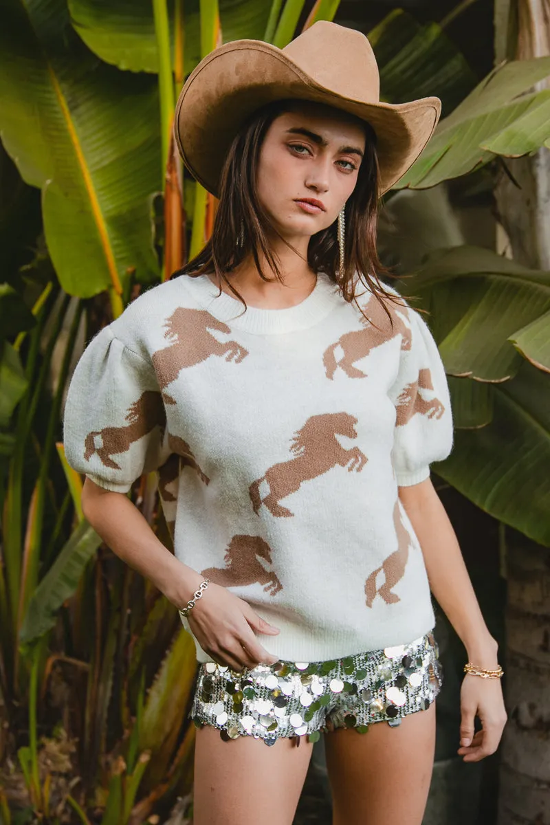 IP6625S-97 | HORSE PRINTED PUFF SLEEVES KNIT TOP Fringe Detail Quick Wear Fit