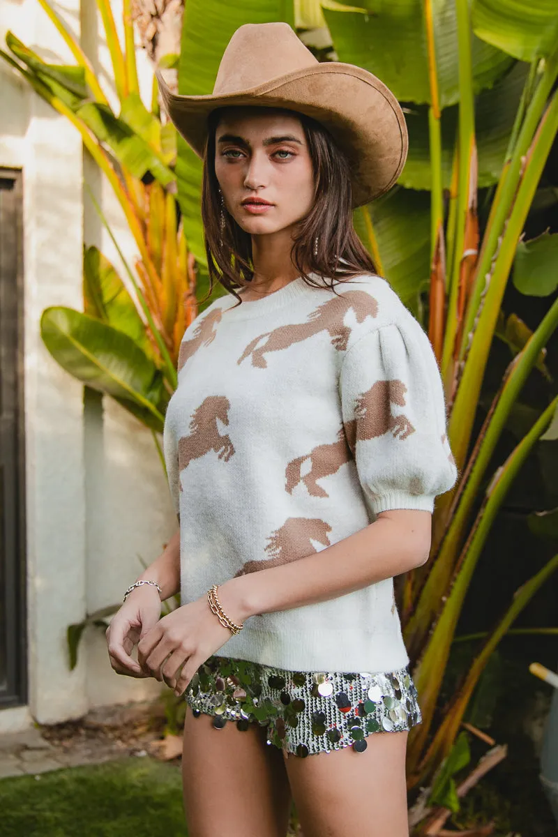 IP6625S-97 | HORSE PRINTED PUFF SLEEVES KNIT TOP ElasticWaistband Minimal Daily Fit