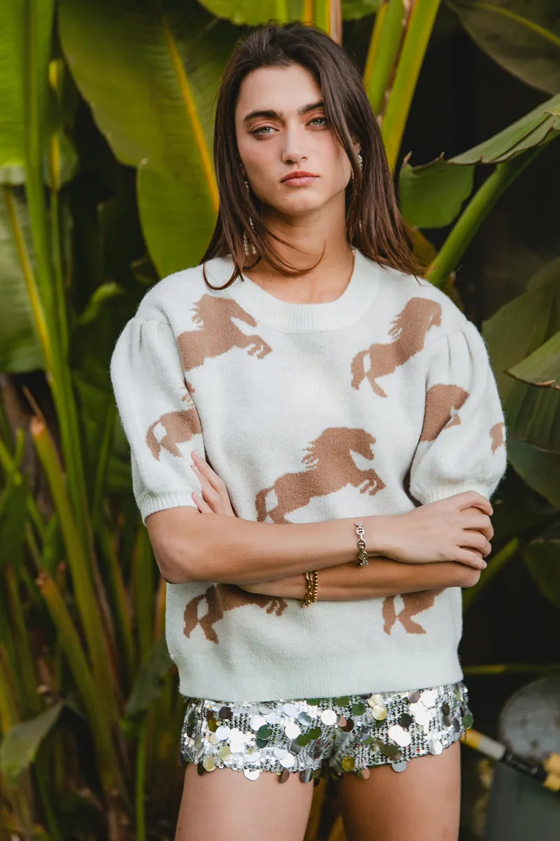 Thermal Insulated Jacket One Color IP6625S-97 | HORSE PRINTED PUFF SLEEVES KNIT TOP