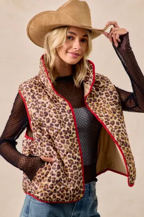 Casual Work Look Travel Wardrobe IP6755G-08 | LEOPARD PRINT PIPING DETAIL QUILTED VEST