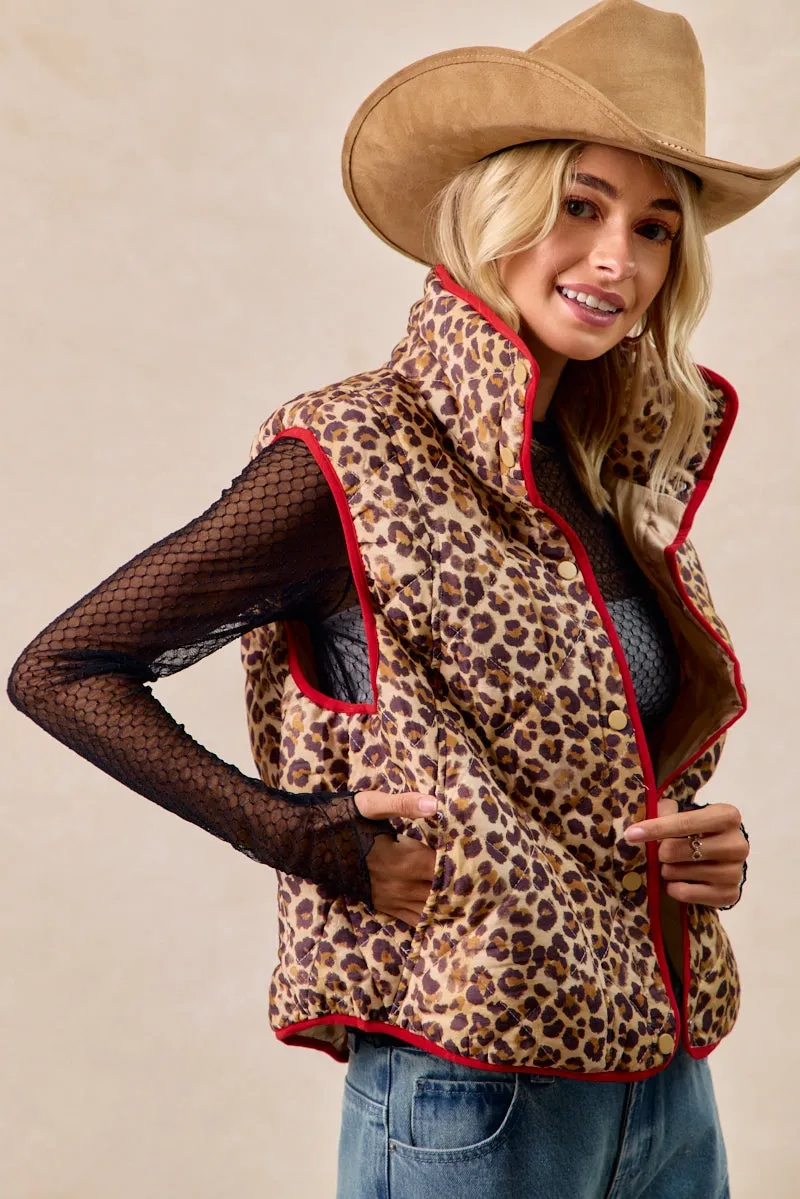 IP6755G-08 | LEOPARD PRINT PIPING DETAIL QUILTED VEST ElasticWaistband