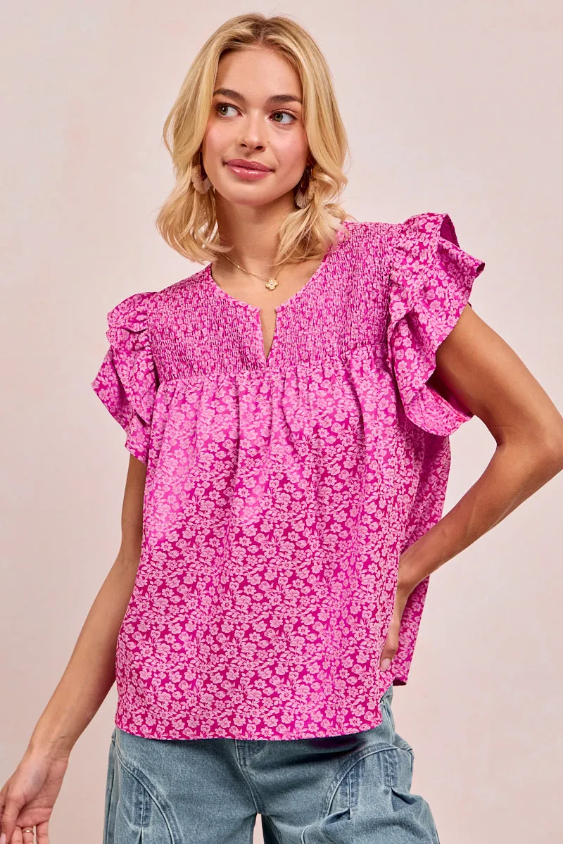 IP6845G-26 | FLORAL DAMASK SMOCKED YOKE LAYERED RUFFLE SLEEVES TOP Rugged Comfort Winter Fit
