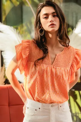 IP6845G-26P | FLORAL DAMASK SMOCKED YOKE LAYERED RUFFLE SLEEVES TOP High Collar Windguard