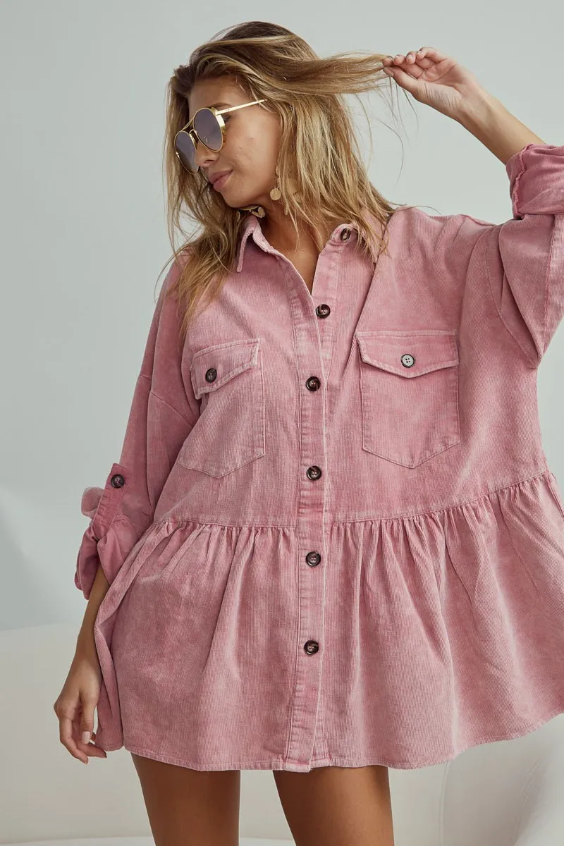 IP7238 | CORDUROY RUFFLE PEPLUM BUTTON UP SHIRT TOP Friction Resistant Finish WrinkleFree Weave