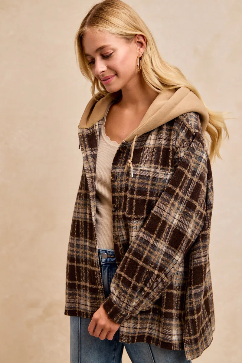 IP8019S-05 | BRUSHED VINTAGE PLAID HOOD SHIRT Hidden Storage Pockets Yarn Dye Stripe