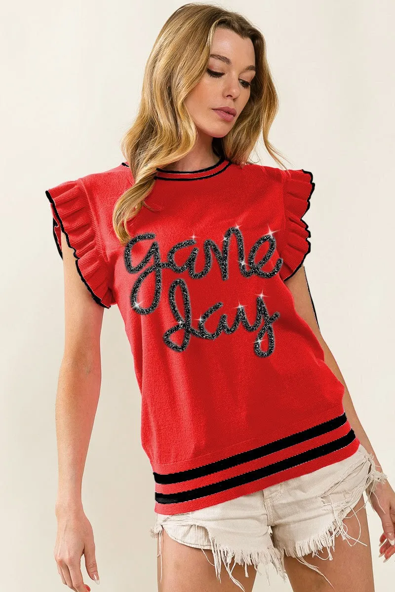 IP8109G-03 | GAME DAY LETTER RUFFLED ARMHOLE SLEEVELESS SWEATER Relaxed Comfort Eco Friendly Material
