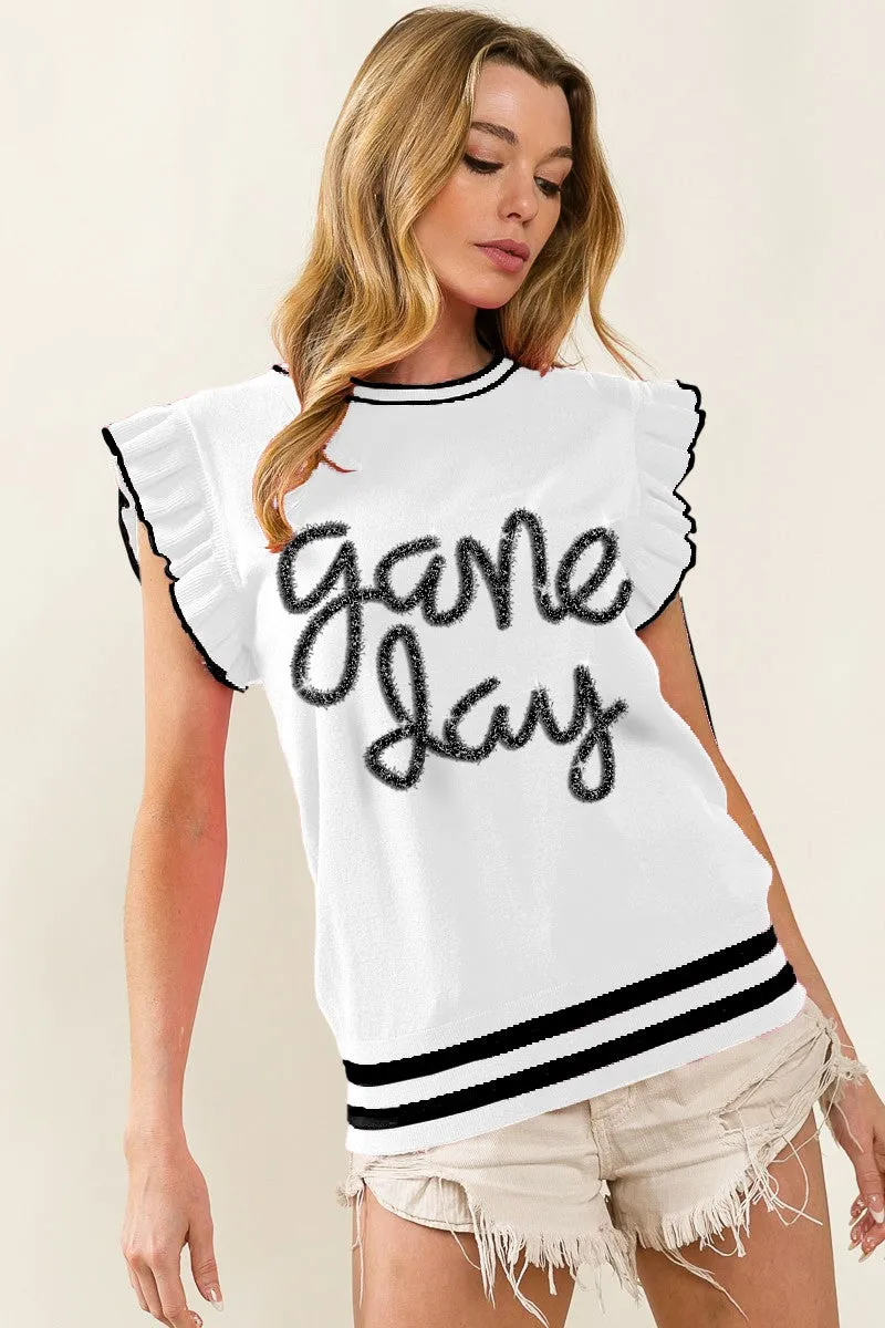FlexibleHoodDesign Essential Fit IP8109G-03 | GAME DAY LETTER RUFFLED ARMHOLE SLEEVELESS SWEATER
