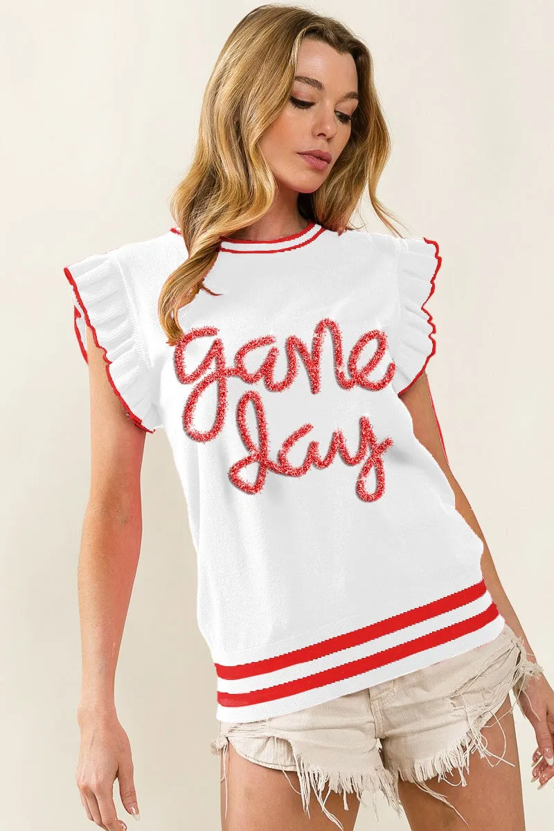 IP8109G-03 | GAME DAY LETTER RUFFLED ARMHOLE SLEEVELESS SWEATER Wool blend DoubleLayeredHem