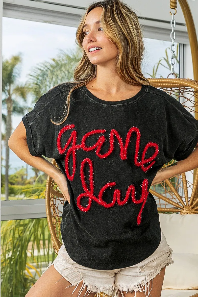 IP8188G-06 | GAME DAY METALLIC LETTER VINTAGE WASHED TOP Anti Static Treatment Multi Layer Design