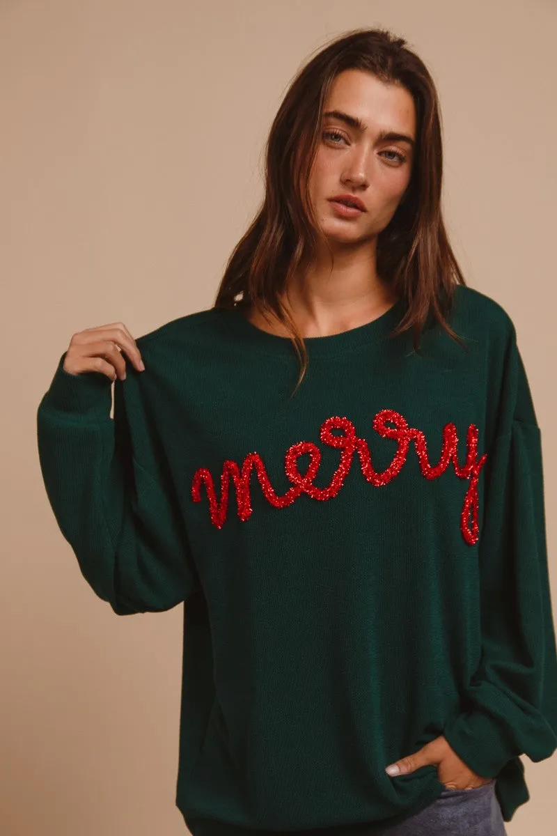 IP8232-44 | MERRY TINSEL LETTERING TWO TONE RIB PULLOVER Built In Odor Control YarnDyed Stripes