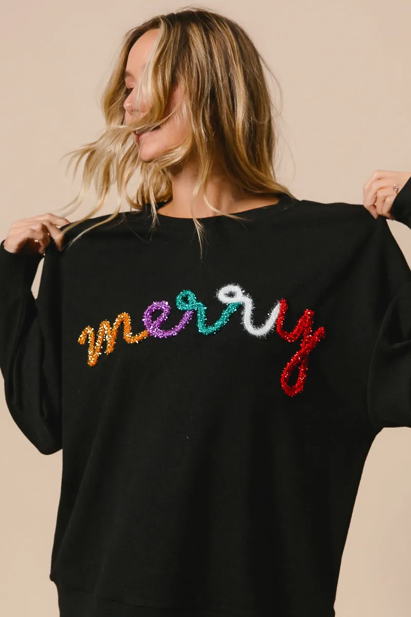 Timeless Utility IP8232-44 | MERRY TINSEL LETTERING TWO TONE RIB PULLOVER