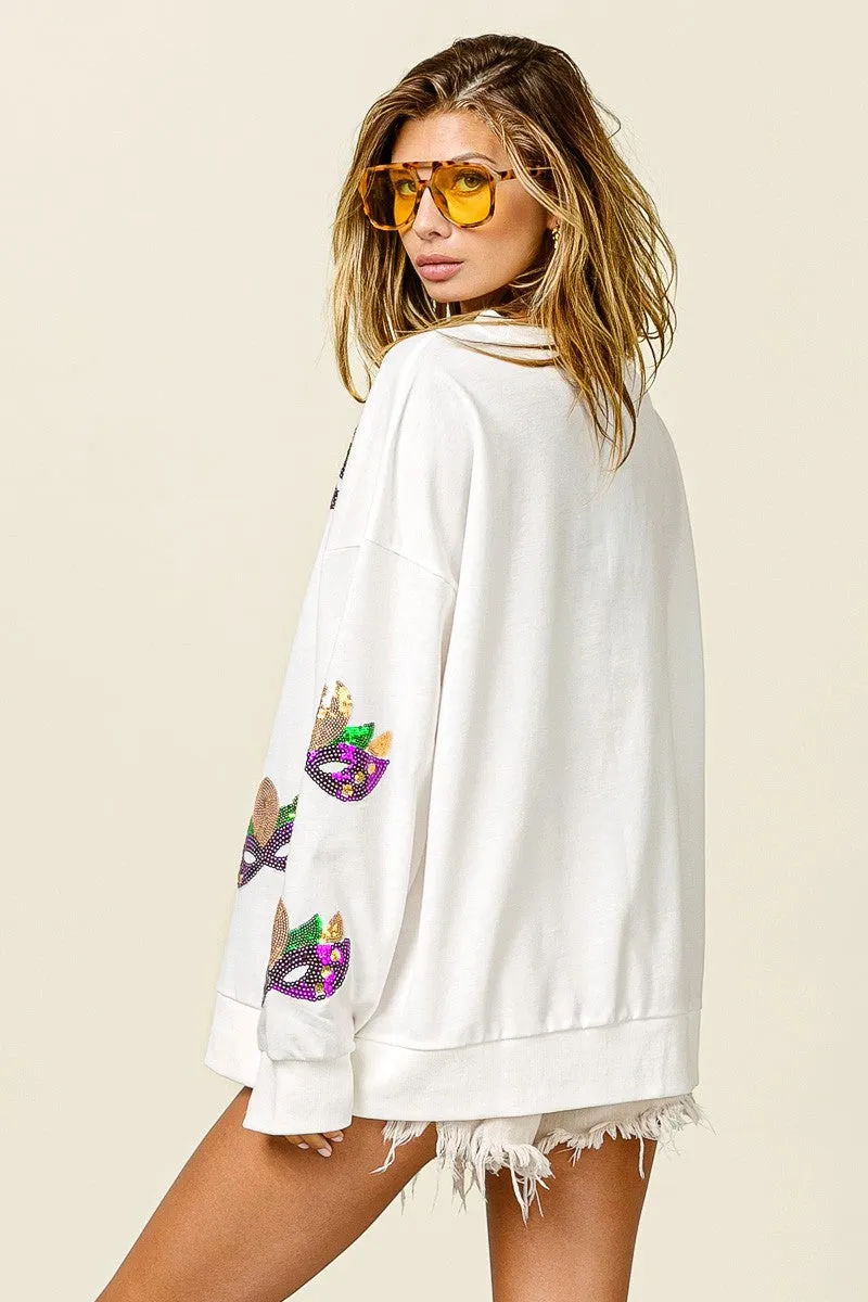 IP8232-52 | MARDI GRAS MASK SEQUIN PATCHES PULLOVER Chic Cardigan OdorResistant Coating