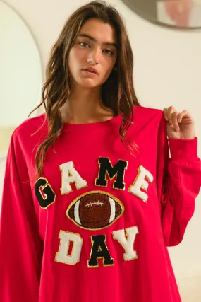 IP8232G-16 | GAME DAY LETTER PATCHES LOOSE FIT SWEATSHIRT Self Fabric Tie Reflective Accent Trim