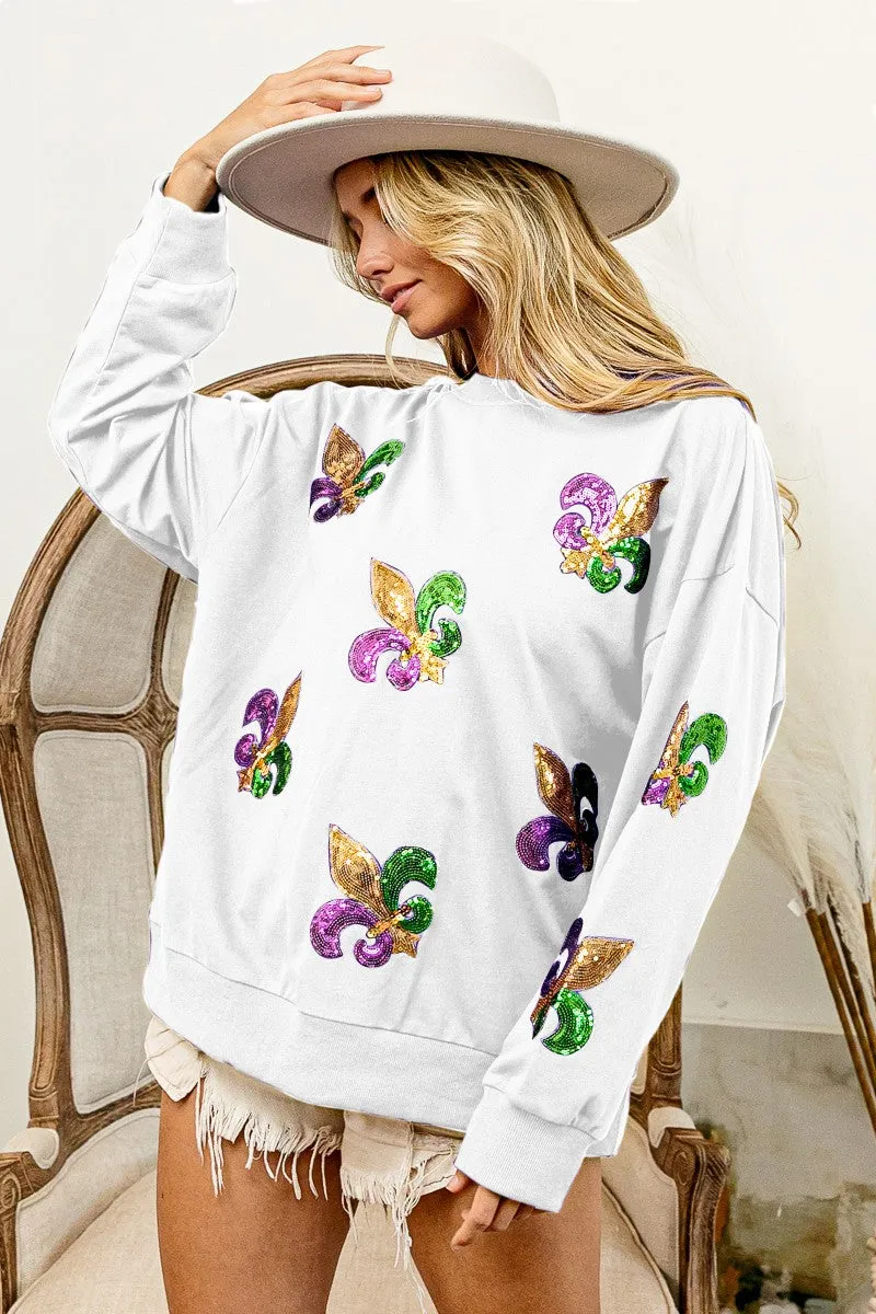 IP8232G-30 | FLEUR DE LIS SEQUIN PATCHES MARDI GRAS PULLOVER Ergonomic Tailoring Wind Resistant Fabric