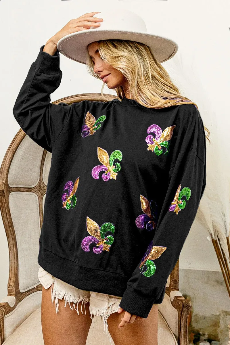 Seamless Stitching IP8232G-30 | FLEUR DE LIS SEQUIN PATCHES MARDI GRAS PULLOVER