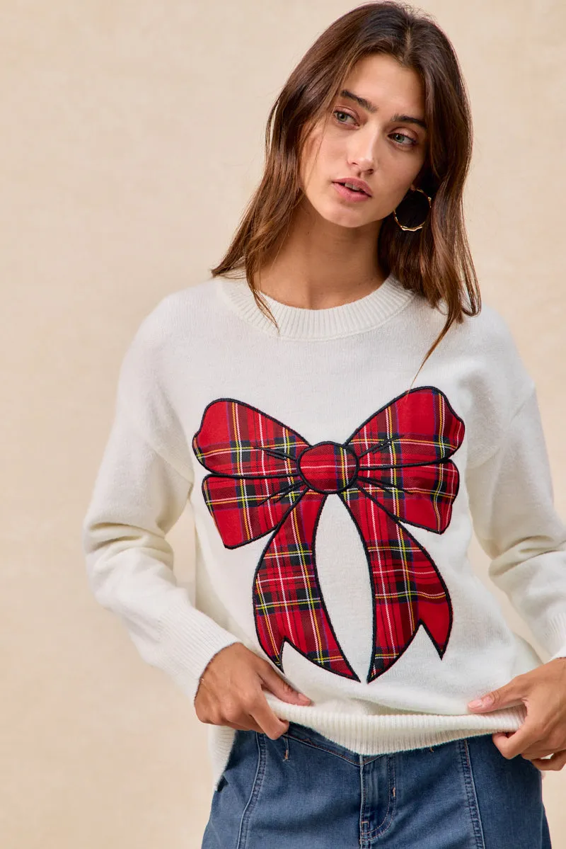 Cold Days Cool Tone IP8254S-10 | CHRISTMAS PLAID BOW KNIT TOP