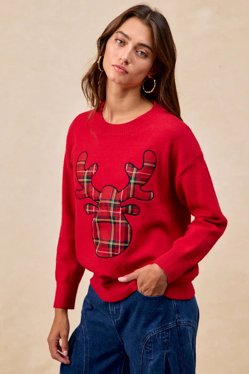 Grass Soft Sophisticated Charm IP8254S-11 | CHRISTMAS PLAID RUDOLPH KNIT TOP