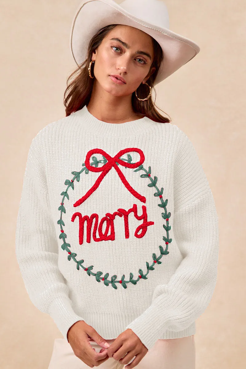 Subtle Color Tone Flexible Layer System IP8254S-13 | CHRISTMAS WREATH MERRY LETTER KNIT TOP