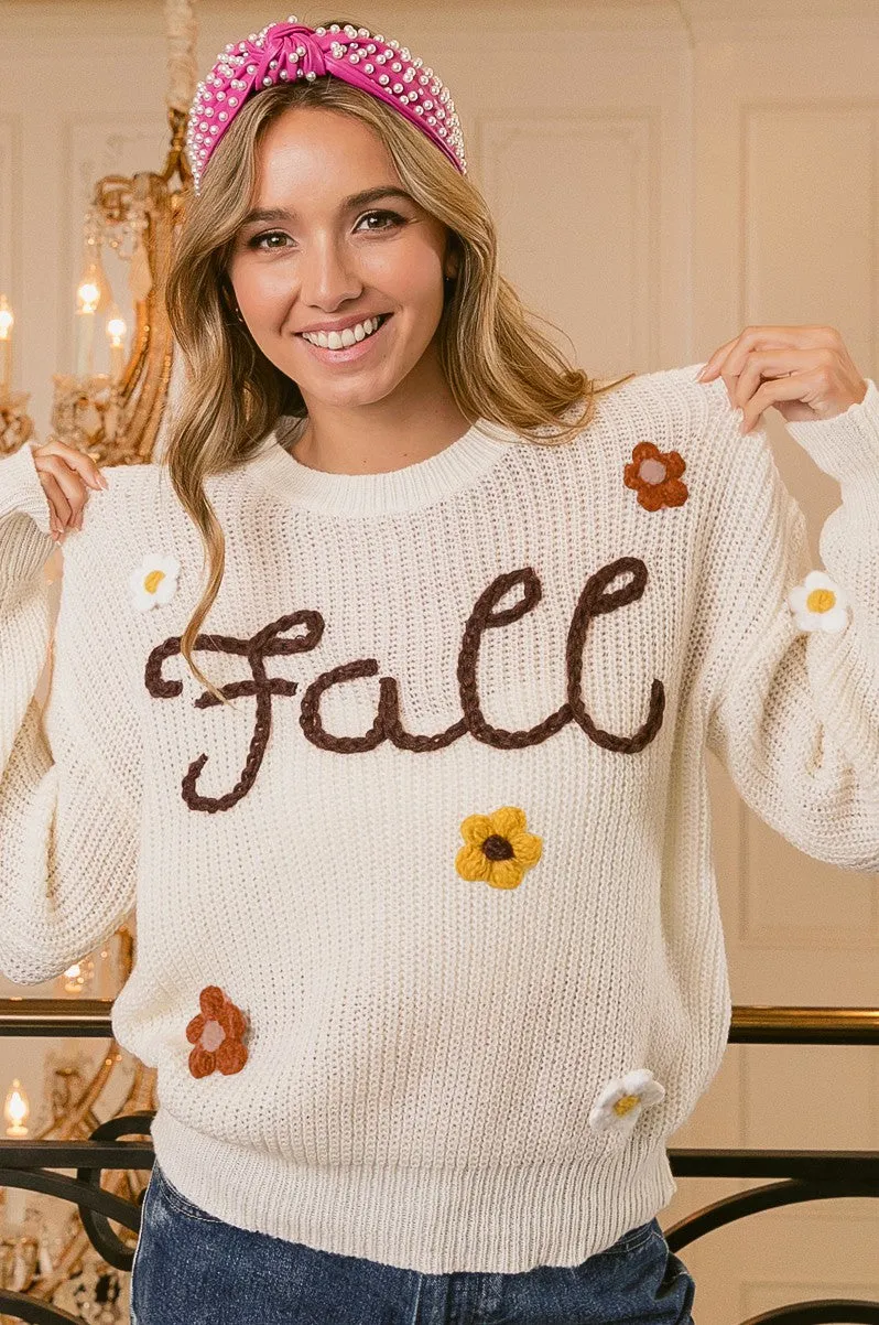 Earthy Tone Colorways TaglessNecklineComfort IP8255J-01 | FALL YARN STITCHING LETTER FLOWER APPLIQUE SWEATER