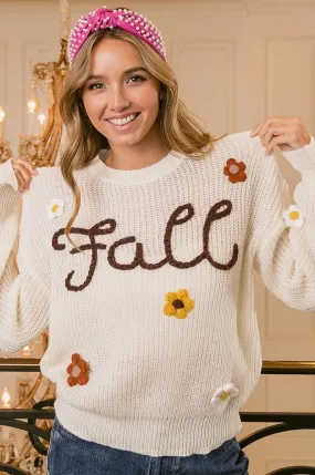 IP8255J-01 | FALL YARN STITCHING LETTER FLOWER APPLIQUE SWEATER Taped Seam Technology