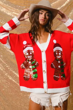 FlexibleKnees IP8280G-03 | SEQUIN GINGERBREAD MAN CHRISTMAS SWEATER CARDIGAN
