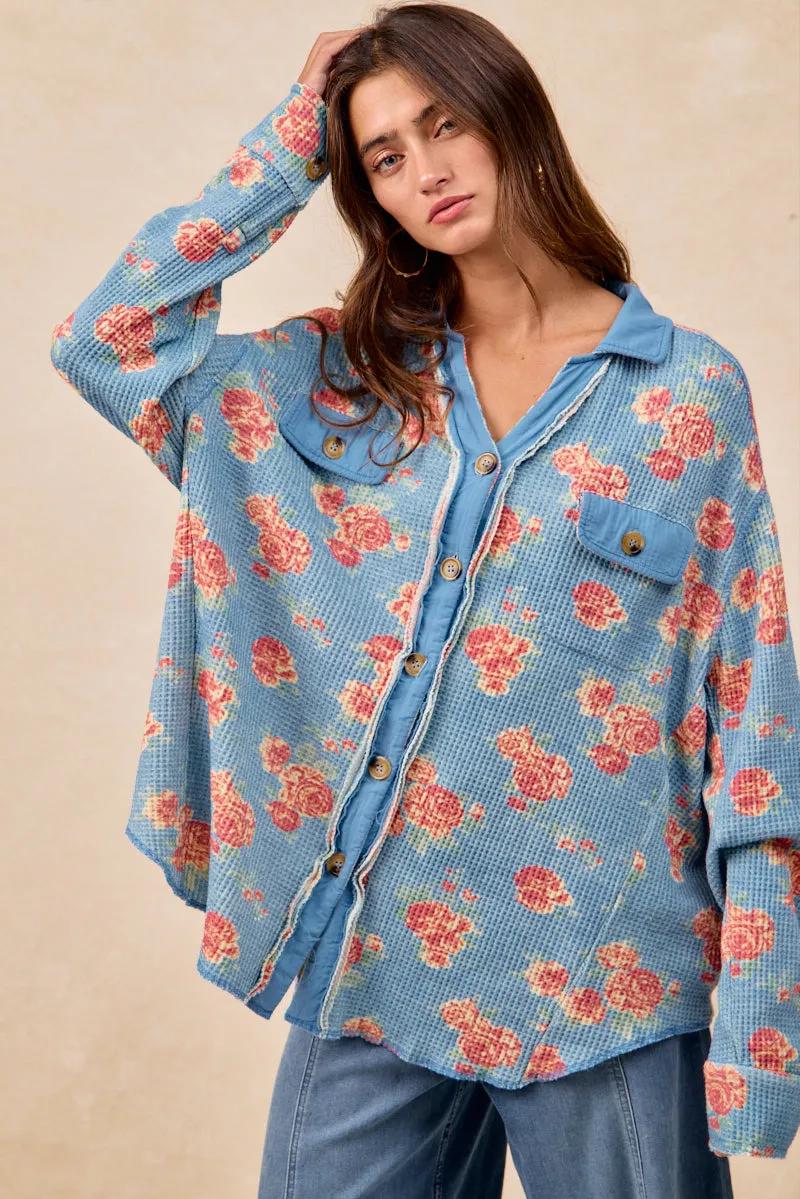 IP8315G-04 | FLORAL PRINT WAFFLE THERMAL SHACKET WITH POCKETS Glow In Dark Trims