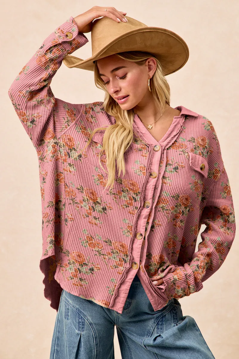 IP8315G-07 | FLORAL PRINT WASHED WAFFLE THERMAL SHACKET All Season Compatibility