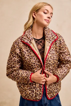 Low Bulk Material Seasonal Basic IP8318G-05 | LEOPARD PRINT PIPING DETAIL QUILTED JACKET