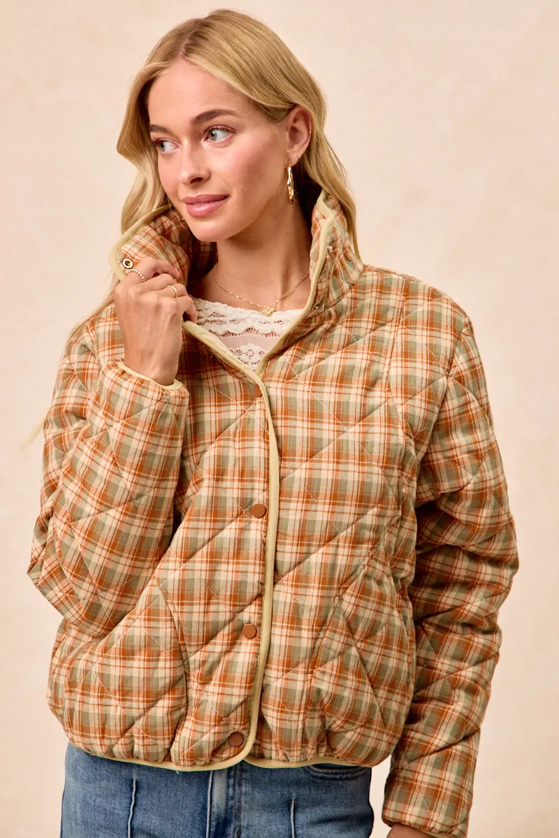 IP8318G-09 | VINTAGE PLAID PIPING DETAIL QUILTED JACKET SoftLining Street Comfort