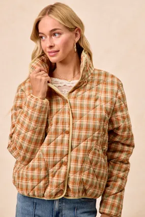 IP8318G-09 | VINTAGE PLAID PIPING DETAIL QUILTED JACKET Snag Free Fabric Casual Office