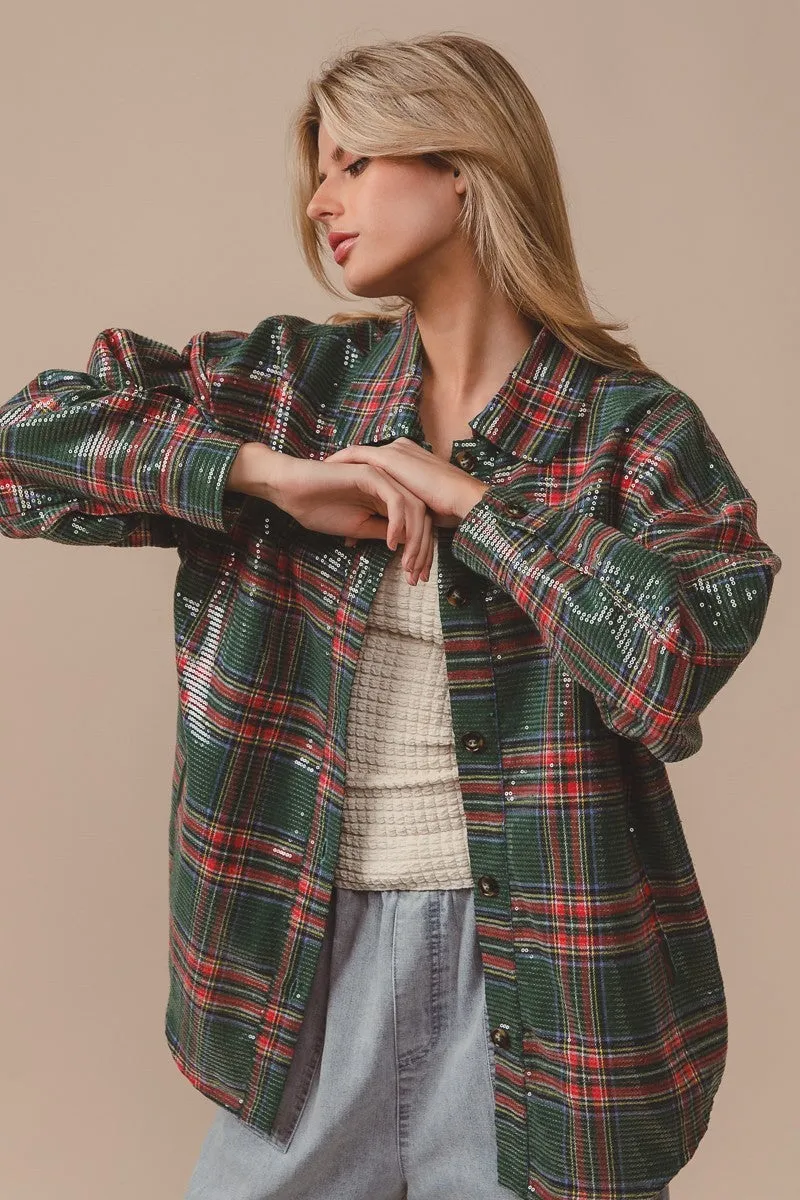 Windproof Inner Layer IP8362G-02P | CLEAR SEQUIN PLAID CHRISTMAS SHIRT