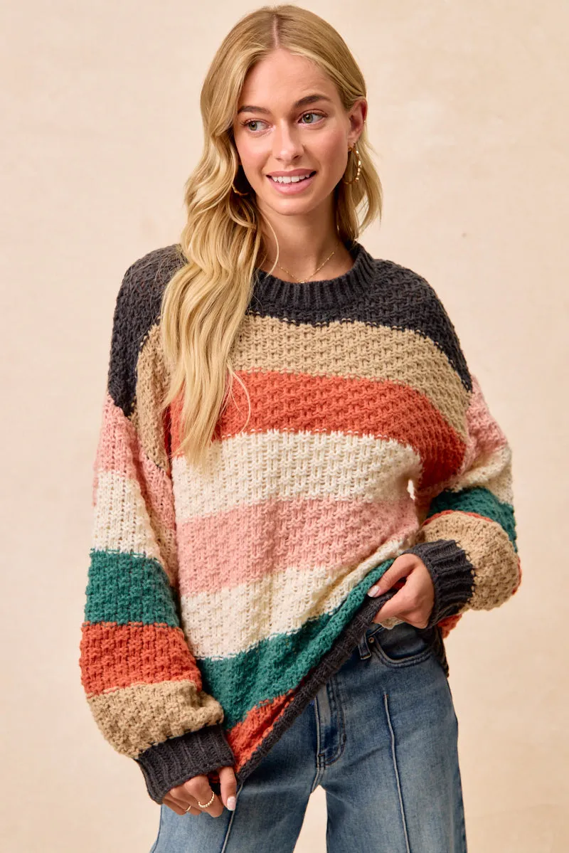 IP8435-01 | STRIPES COLOR BLOCK CHUNKY SWEATER PULLOVER ExtendedSizeRange Moisture Lock Technology