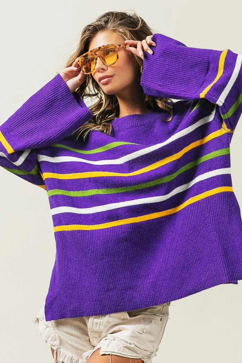 IP8621-02 | RIBBED HEM MARDI GRAS STRIPE SWEATER Taped Seam Construction Seam Sealed Construction