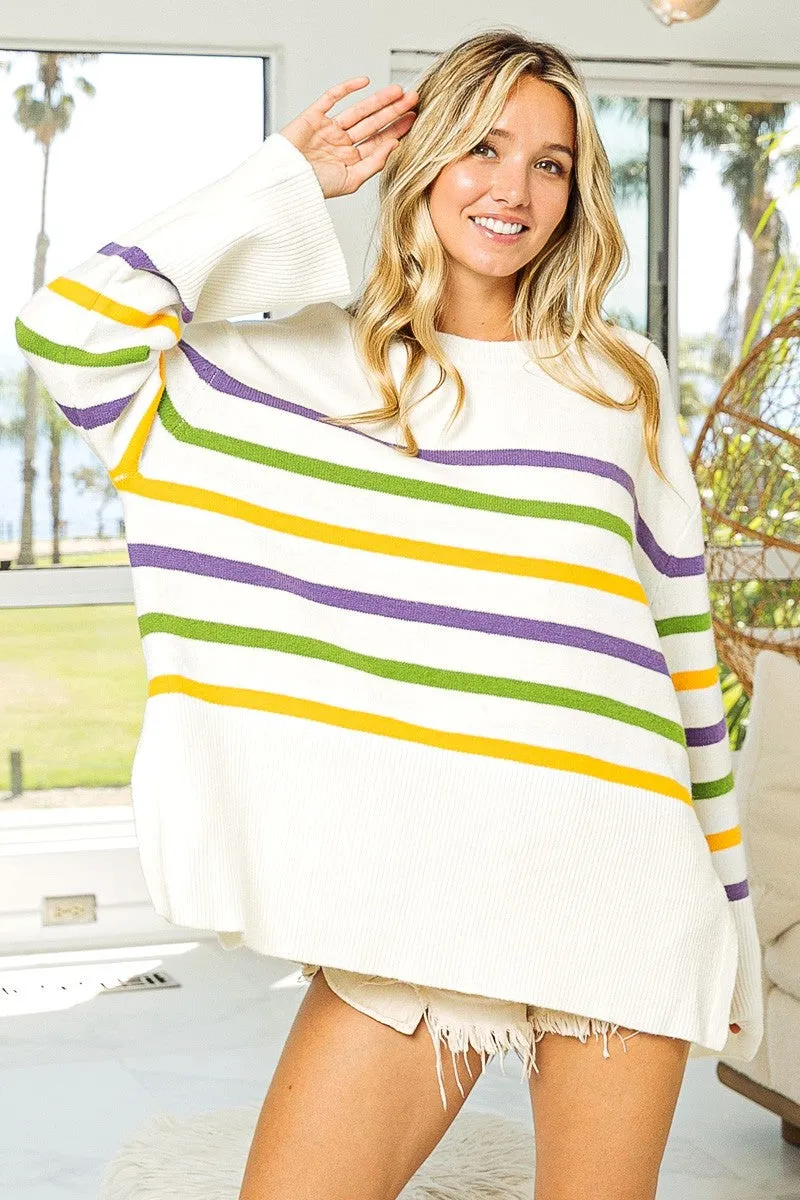 IP8621-02 | RIBBED HEM MARDI GRAS STRIPE SWEATER BondedSeams