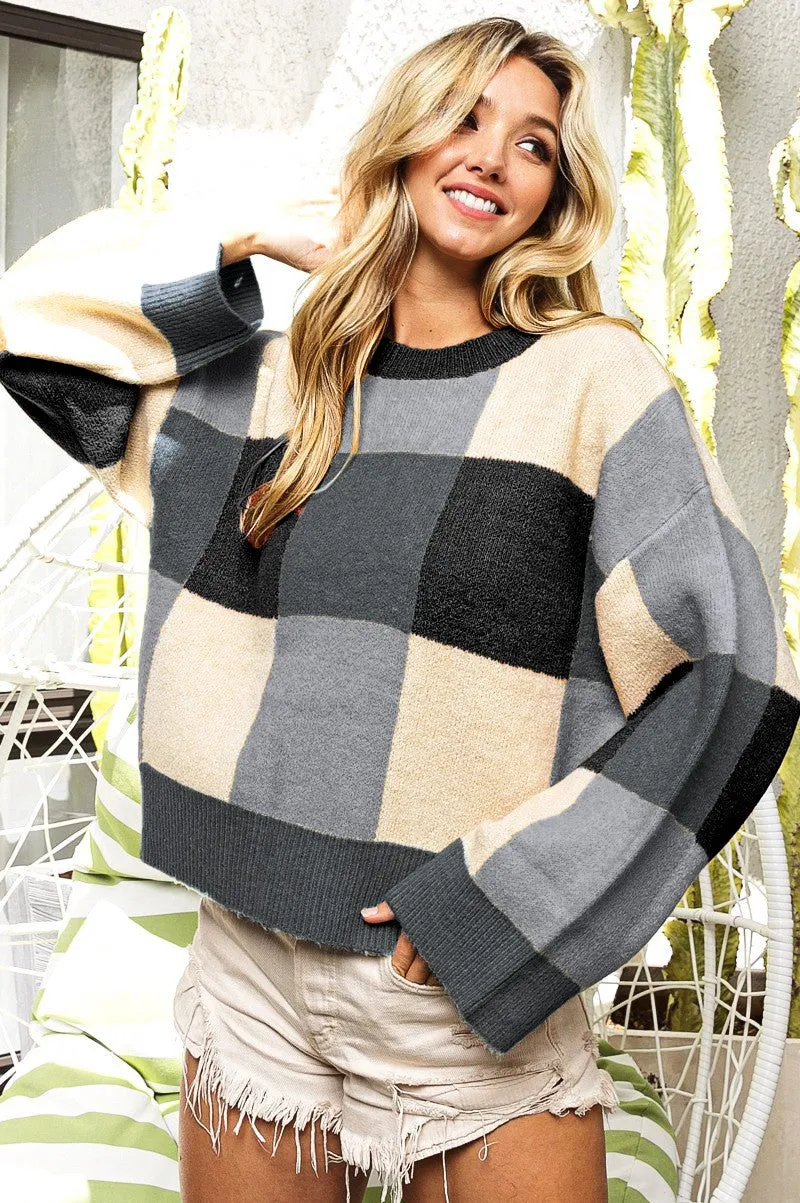 Durable Design Flexible Waistband IP8864-01 | COLOR  BLOCK CHECK PATTERN SWEATER
