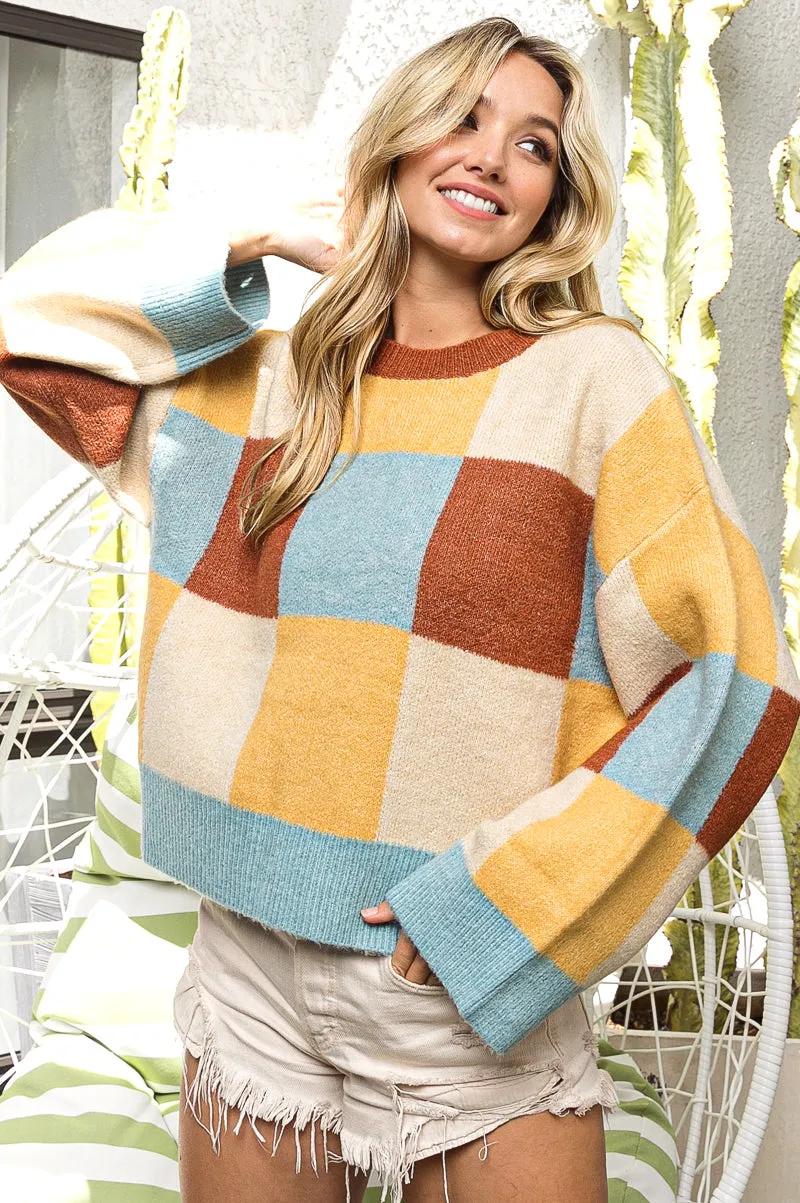 Modular Attachments PFC Free Treatment IP8864-01 | COLOR  BLOCK CHECK PATTERN SWEATER