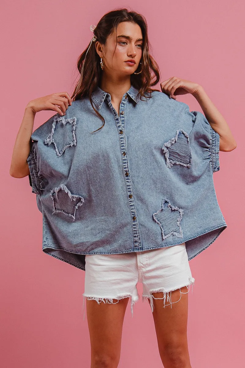 IP8892S-61P | WASHED DENIM FRAYED EDGE DETAIL STAR PATCH BLOUSE UV Resistant Finish