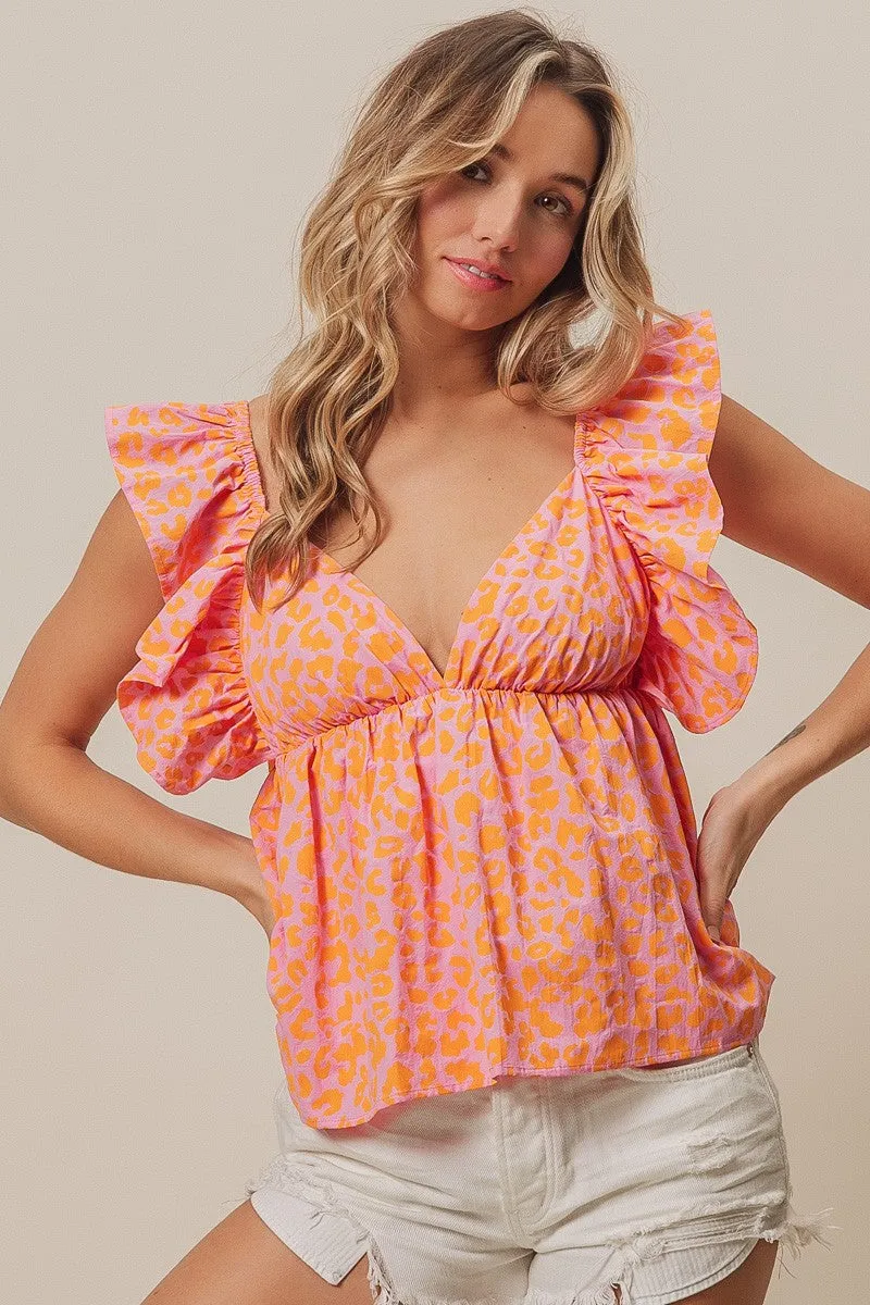 IP8895-07 | LEOPARD PRINT FLUTTER SLEEVE PEPLUM TOP Weather Flex