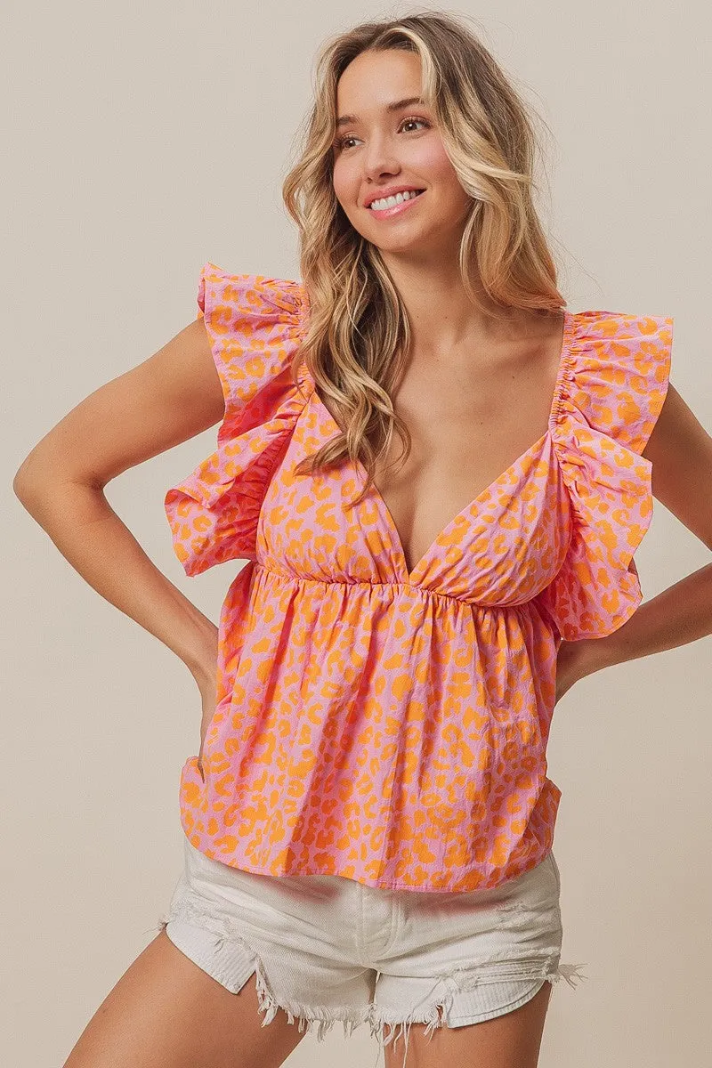 IP8895-07 | LEOPARD PRINT FLUTTER SLEEVE PEPLUM TOP Functional Pockets Style Flexible Armholes