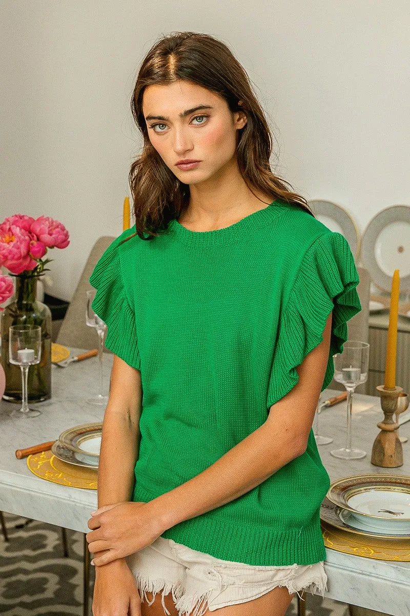 IP9562J-01 | LIGHTWEIGHT RUFFLE SLEEVE KNIT TOP Modern Fit Casual Trend