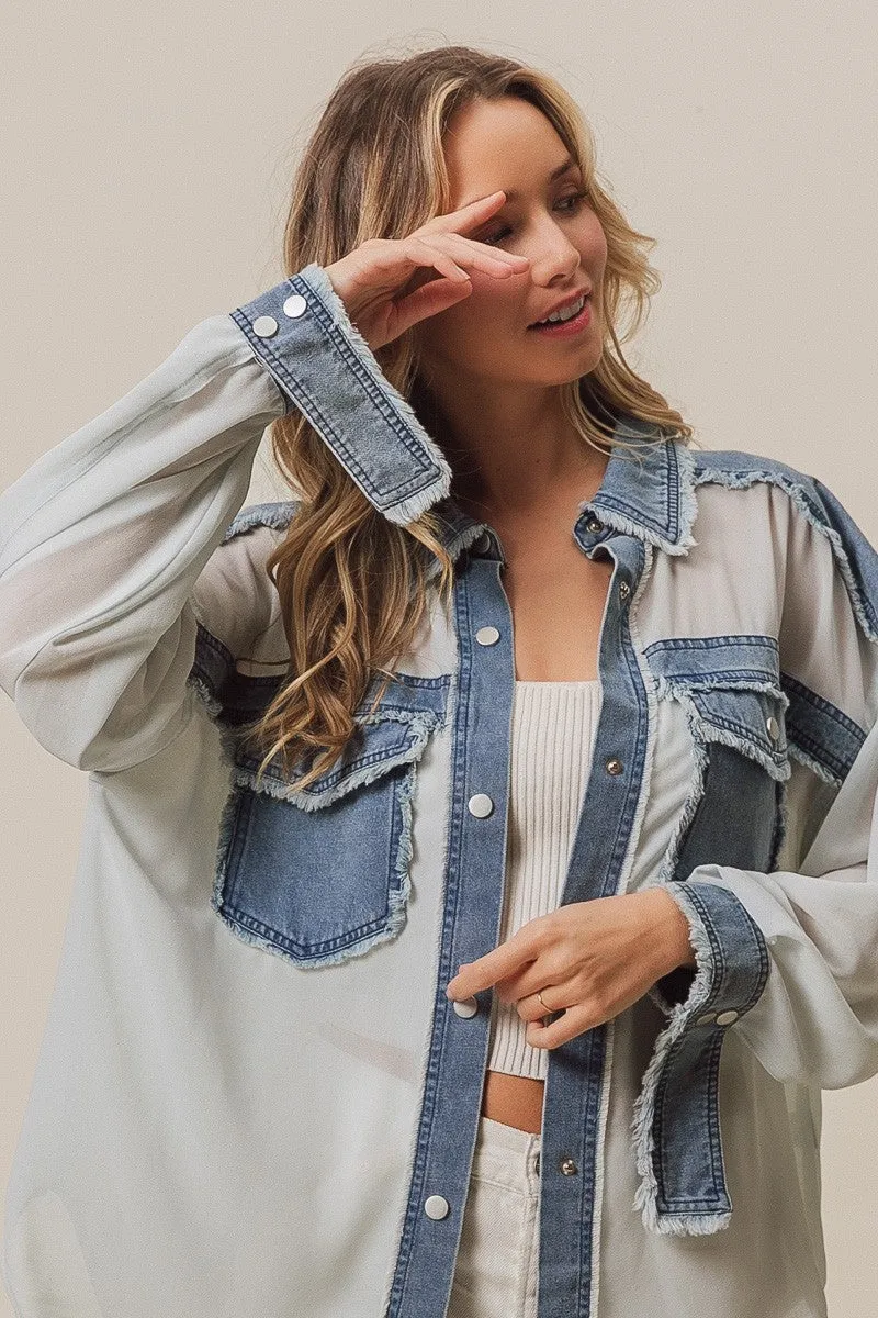 Kangaroo Pocket IP9762-01 | FRAYED EDGE DENIM CONTRAST CHIFFON JAKCET